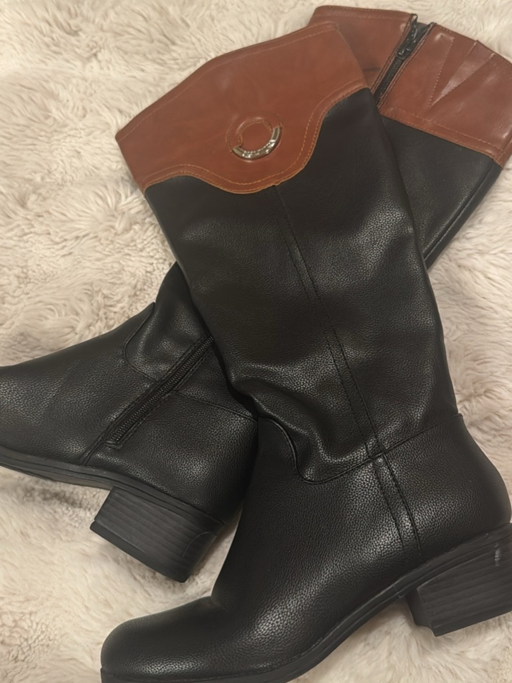 Nautica Black and Brown Two-Tone Mid-Calf Heeled Boots